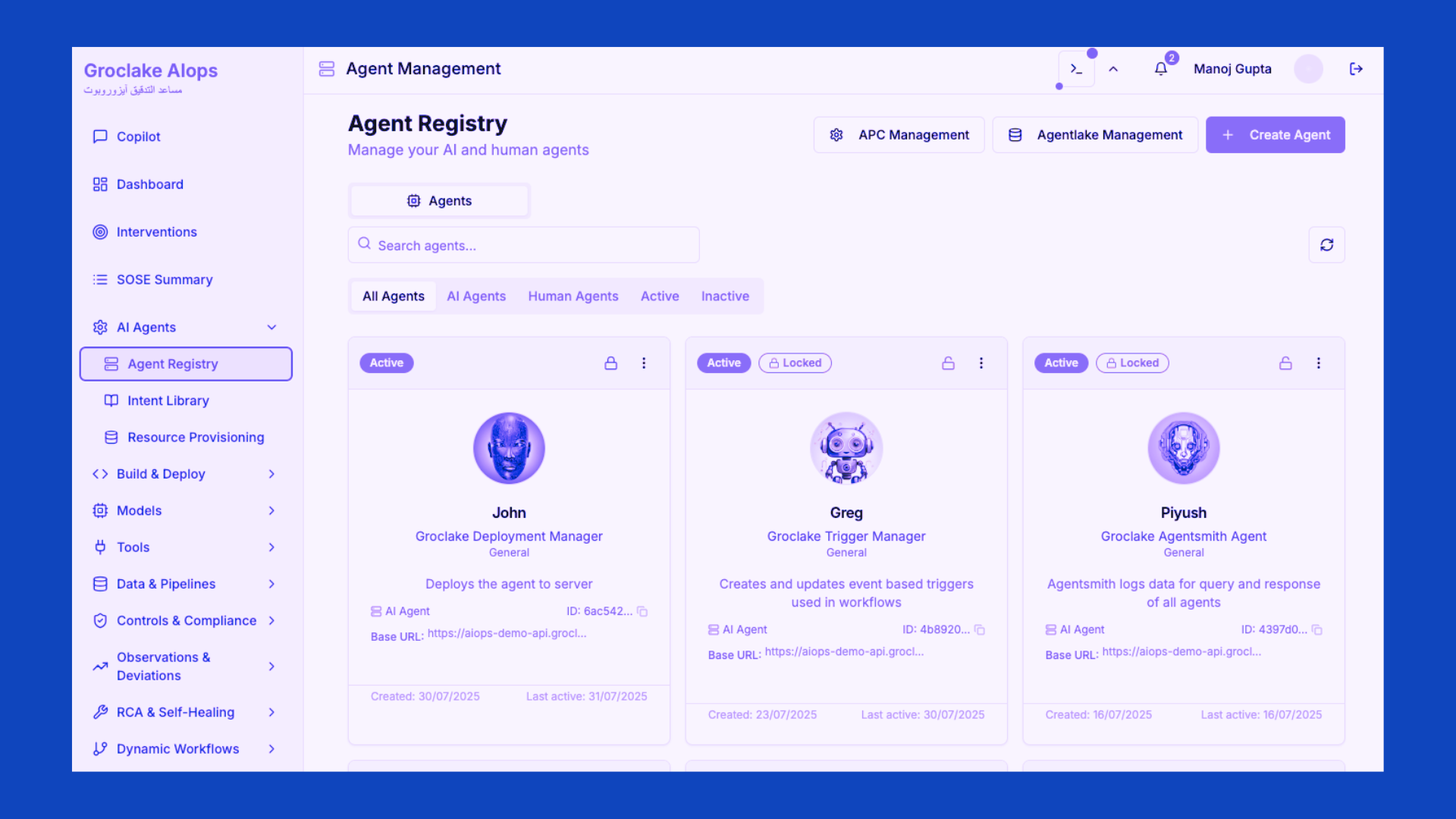 Groclake Agent Management Dashboard